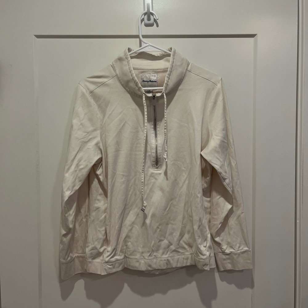 Tommy Bahama Mens Cream Quarter‎ Zip Pullover Sweatshirt Pineapple Logo Large